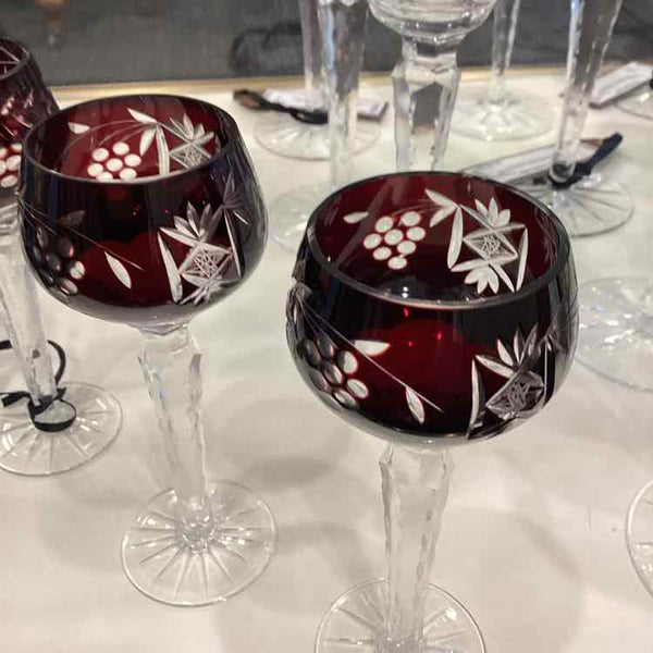 Set of 3 Dark Ruby Cut Crystal Glasses