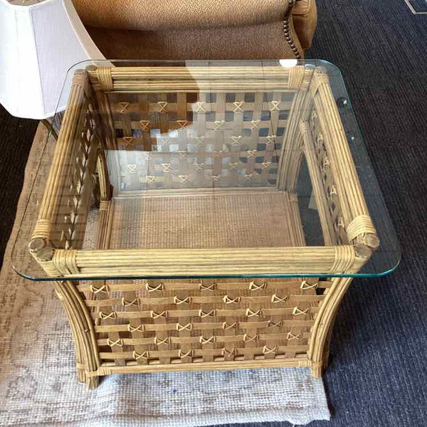 Rattan End Table With Glass Top