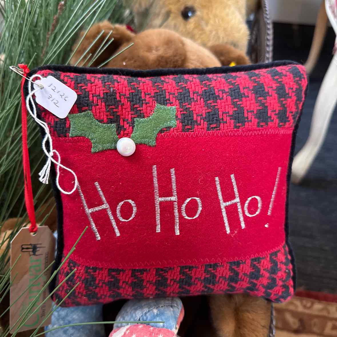 Ho Ho Ho Black/Red Check Pillow