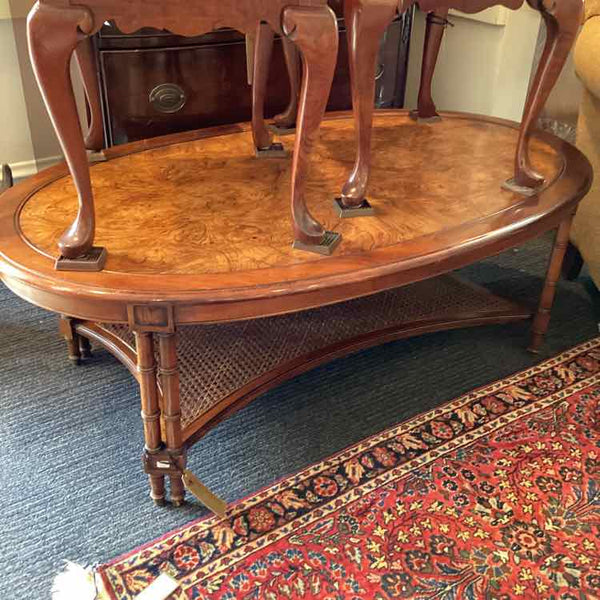 Hekman Oval Burlwood Coffee Table with Cane Shelf
