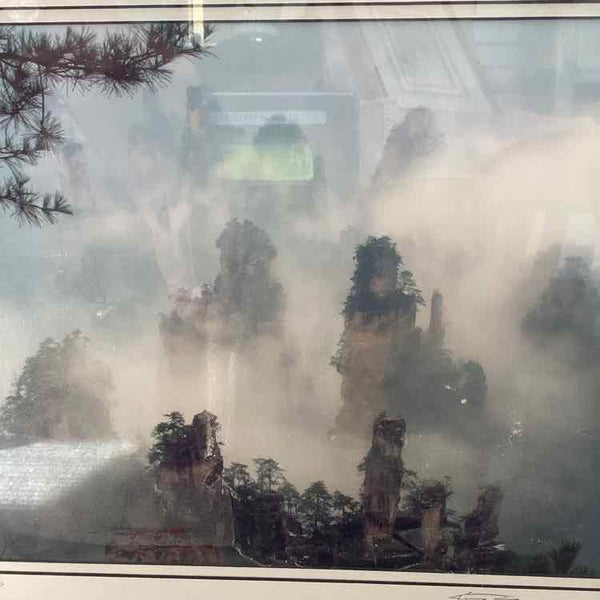 Framed Chinese Misty Mountain Art Work