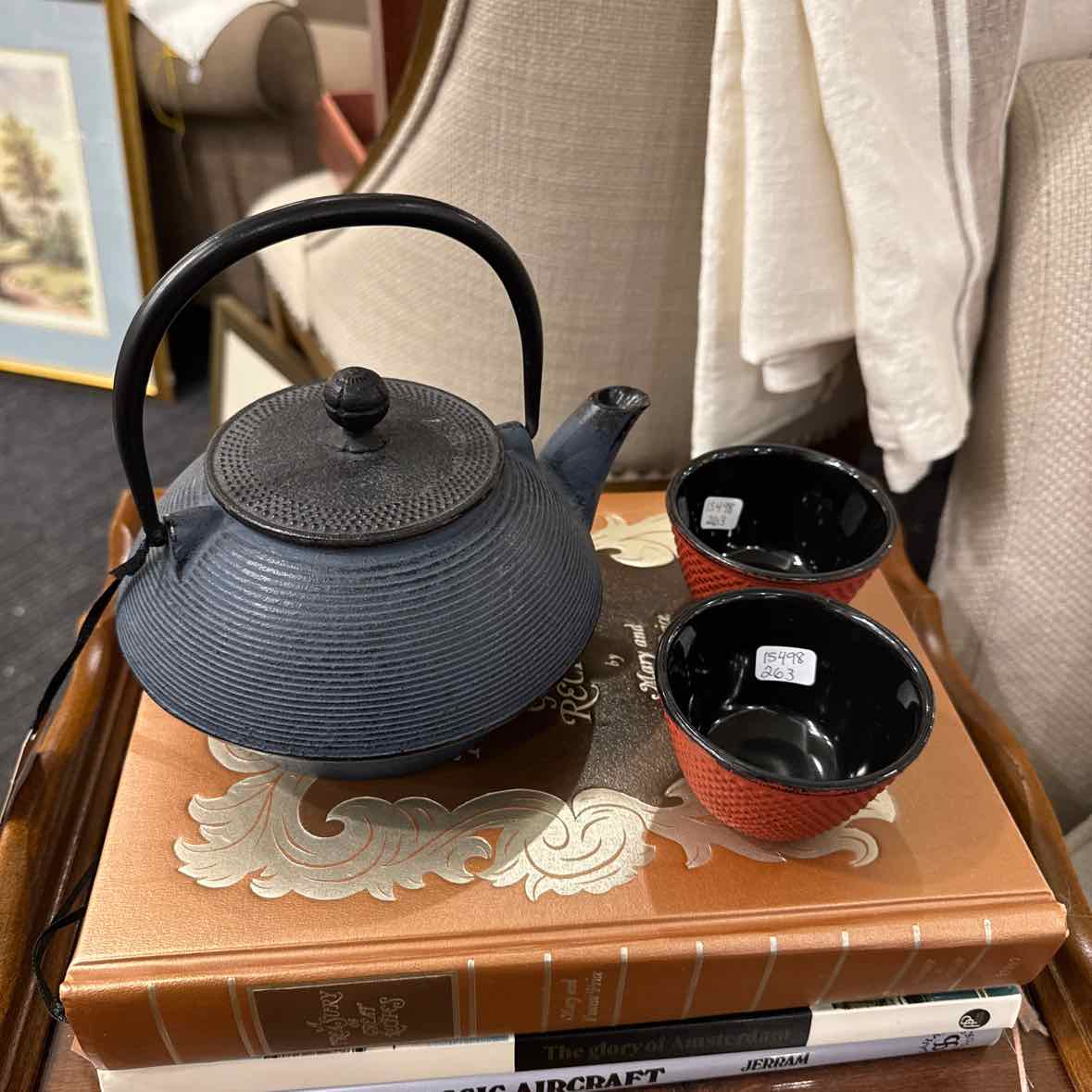 Cast Iron & Enamel Teapot  &  2 Cups
