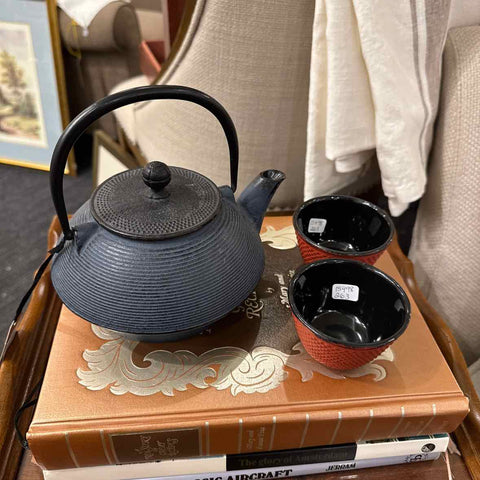 Cast Iron & Enamel Teapot  &  2 Cups