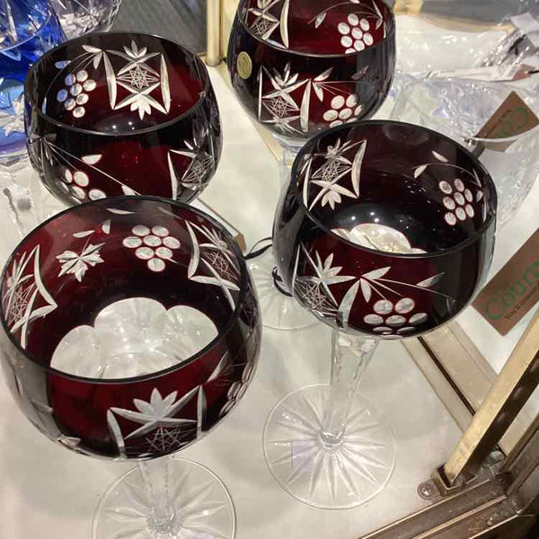 Four Dark Ruby Cut Crystal Glasses