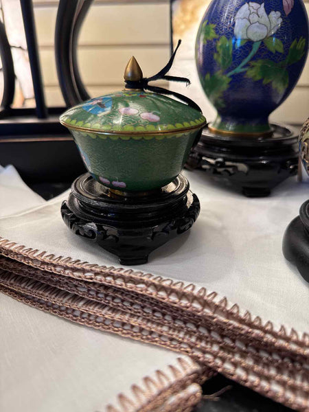 Chinese Cloisonne Green Bowl w/Stand