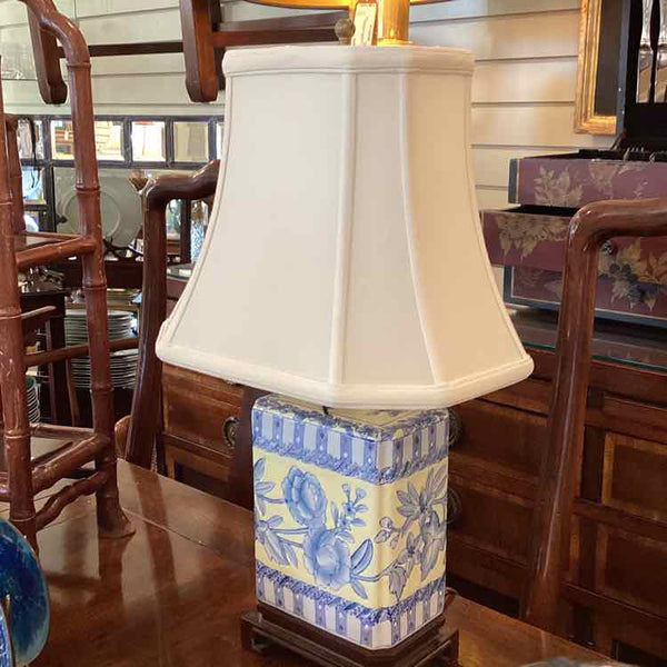 Blue/Yellow Ceramic Lamp w/White Shade