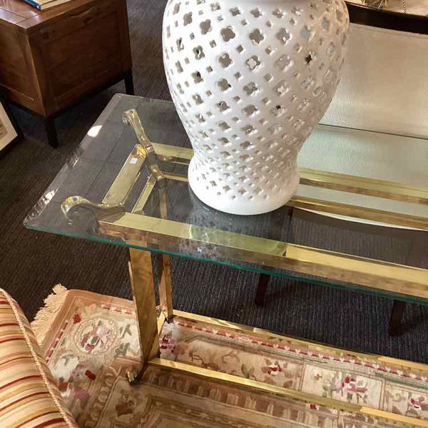 Hollywood Regency Brass Console Table With Glass Top