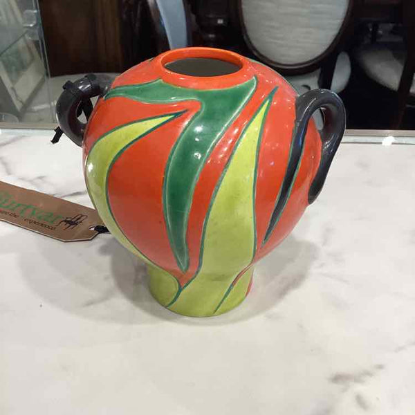 Art Deco Orange, Green, Black Handle Vase