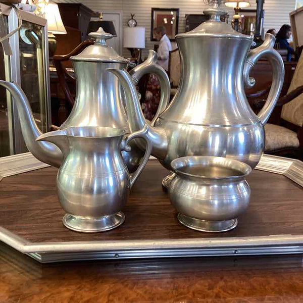 Pewter Coffee Pot, Teapot, Cream/Sugar, Tray (Woodbury Pewterers) (Vintage)