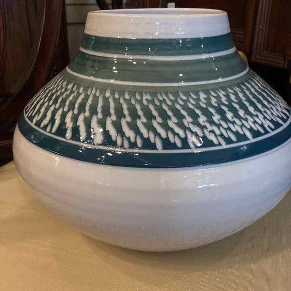 White Ceramic w/Blue Glaze Vase