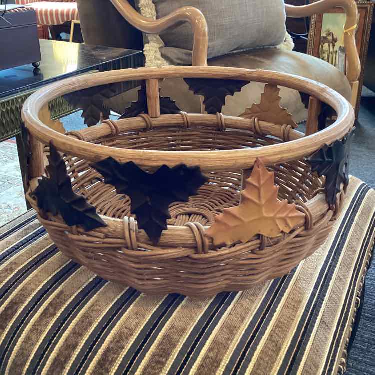 Wicker Basket with Metal Leaves
