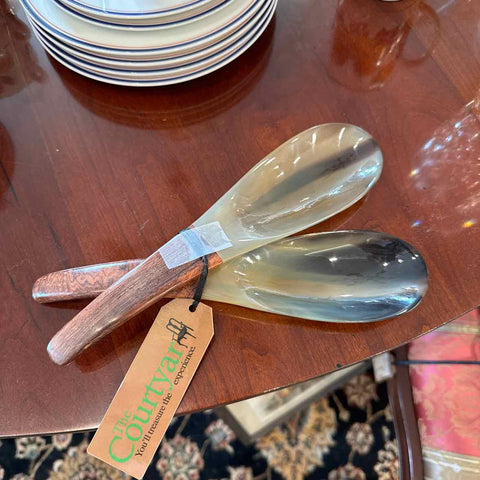 2 Horn Spoons w/Wooden Handles