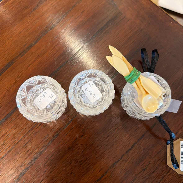 6 Glass Salts and Bone Spoons
