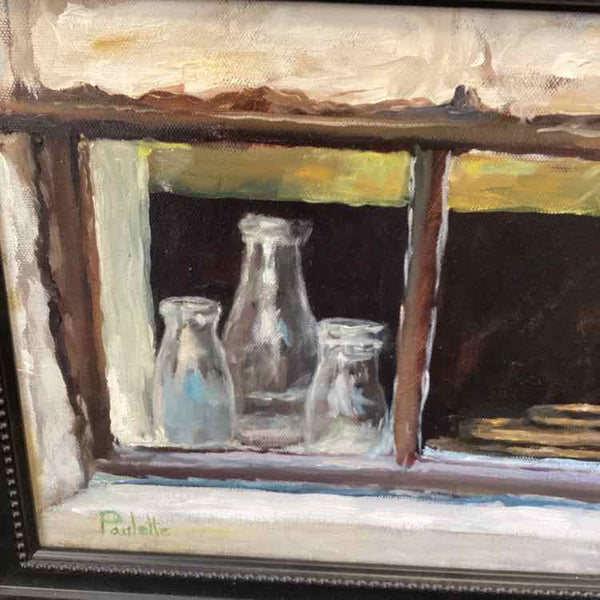 Oil Painting Of Glass Bottles On Windowsill