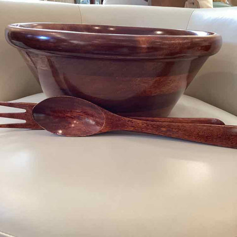 Wood Salad Bowl w/Salad Tongs
