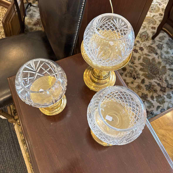 Three Brass Candleholders with Crystal Bowls