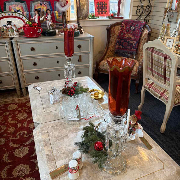 Pr. Glass Candleholders w/Cranberry Hurricanes