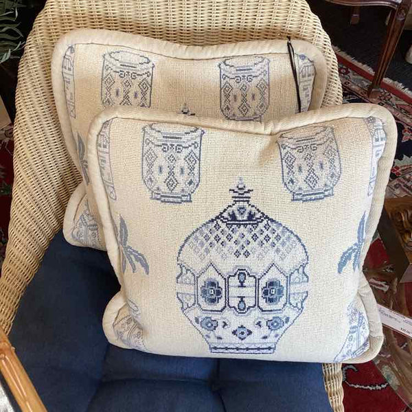 Pair Of Blue And White Needlepoint Pillows