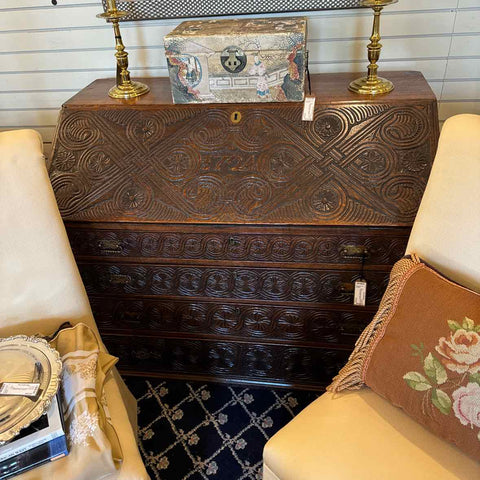 Antique Carved Oak Slant Front Desk