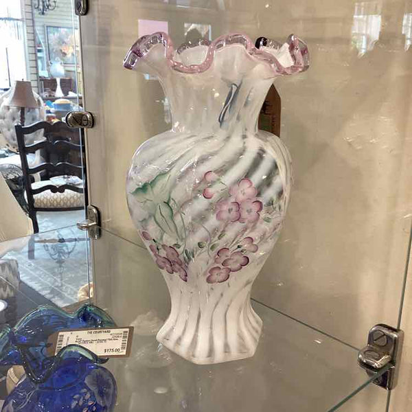 Fenton Hand Painted Orchid Crest Ruffled Vase - Signed
