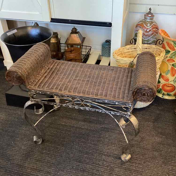 Brown Wicker & Wrought Iron Bench