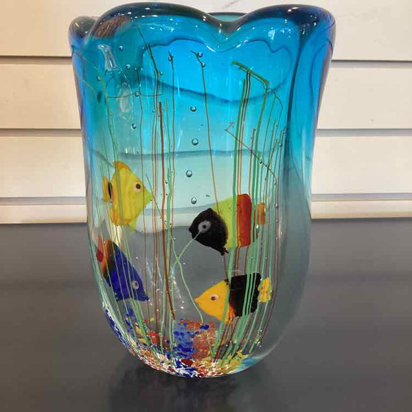 Murano Style Glass Vase With Fish And Flora