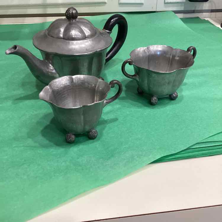 Antique Pewter Teapot, Sugar, and Creamer