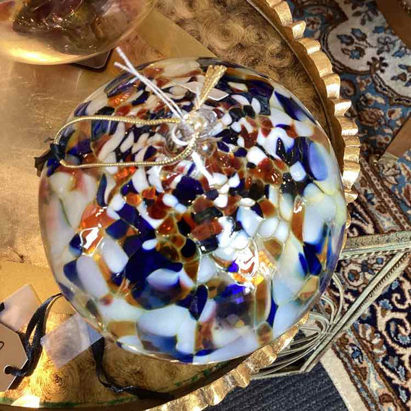 Blue, White And Orange Art Glass Ball