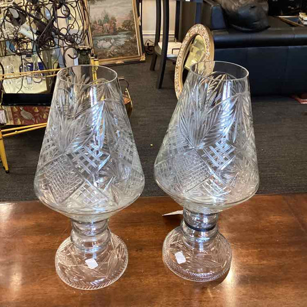 Pair of Hurricane Lamps, Bell Shaped Shades