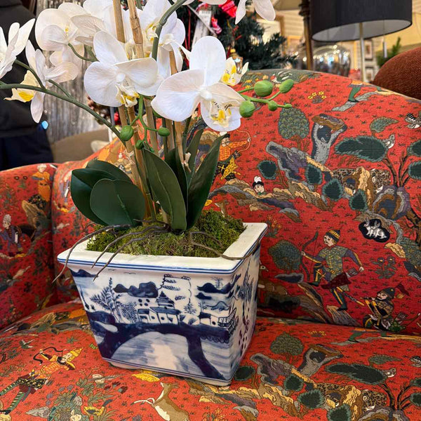 Blue/White Container - Faux Orchids