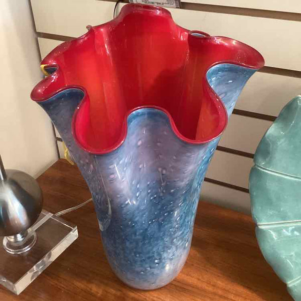 Hand Blown Blue And Red Glass Vase