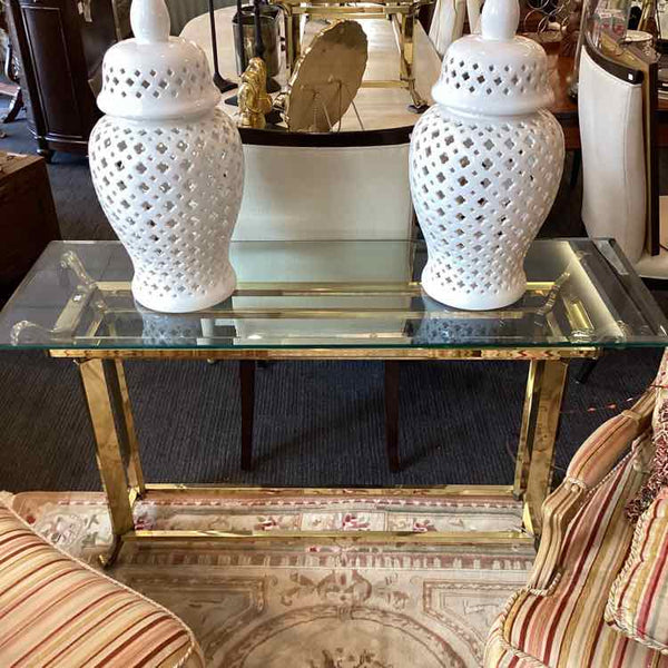 Hollywood Regency Brass Console Table With Glass Top
