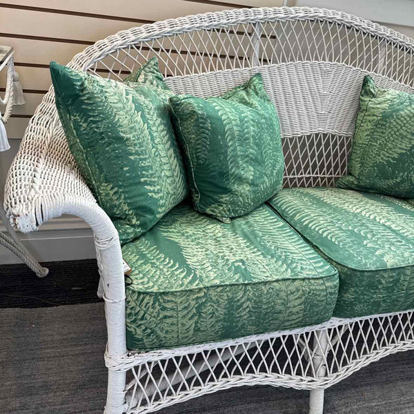 Vintage Settee - White Wicker 3-Cushion w/ 4 pillows