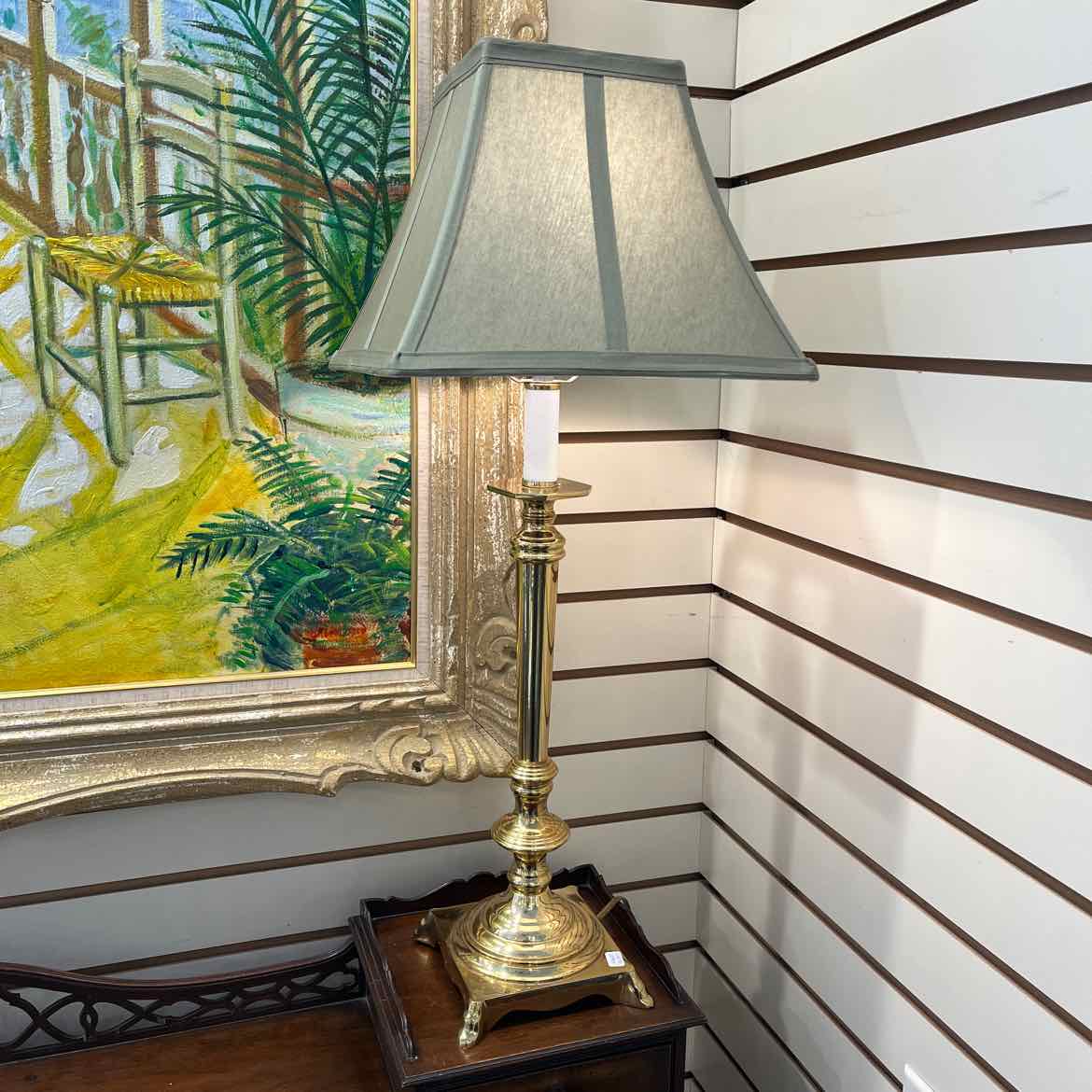 Brass Candlestick Lamp w/Green Shade