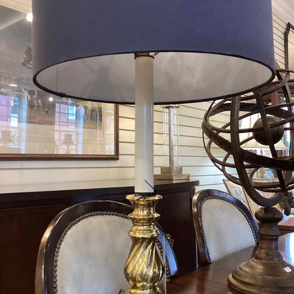 Brass Candlestick Lamp with Navy Shade