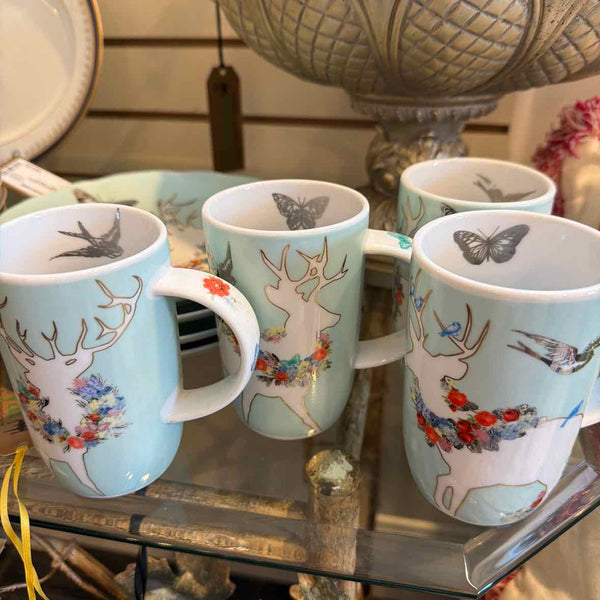 4 Pale Blue Reindeer Mugs