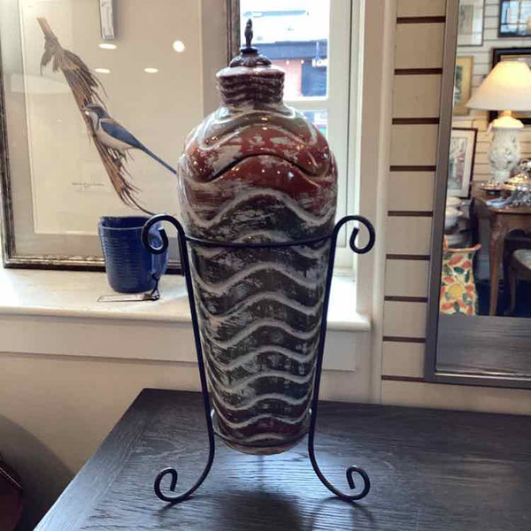 Pair of Glazed Pottery Urns on Stands