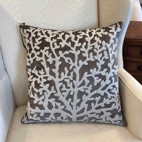 Grey Velvet & White Coral Applique Pillow
