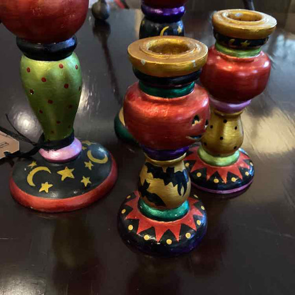 Four Halloween Wooden Painted Candleholders